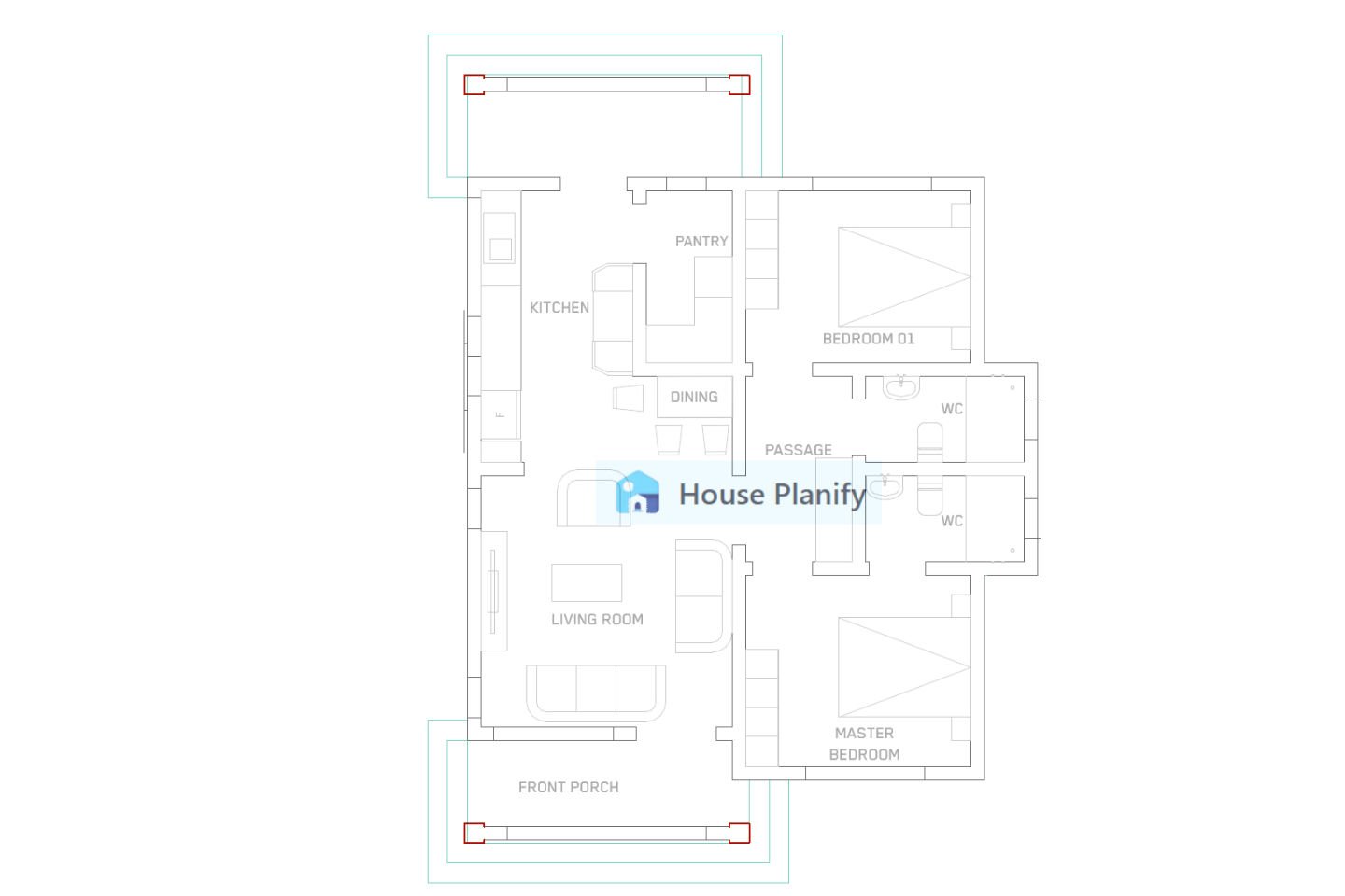 1200B Bungalow Hidden Roof House Plan