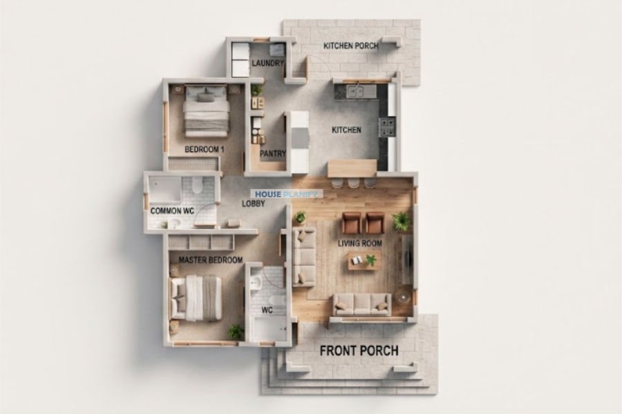 2 bedroom hip and gable bungalow house plan 1201A