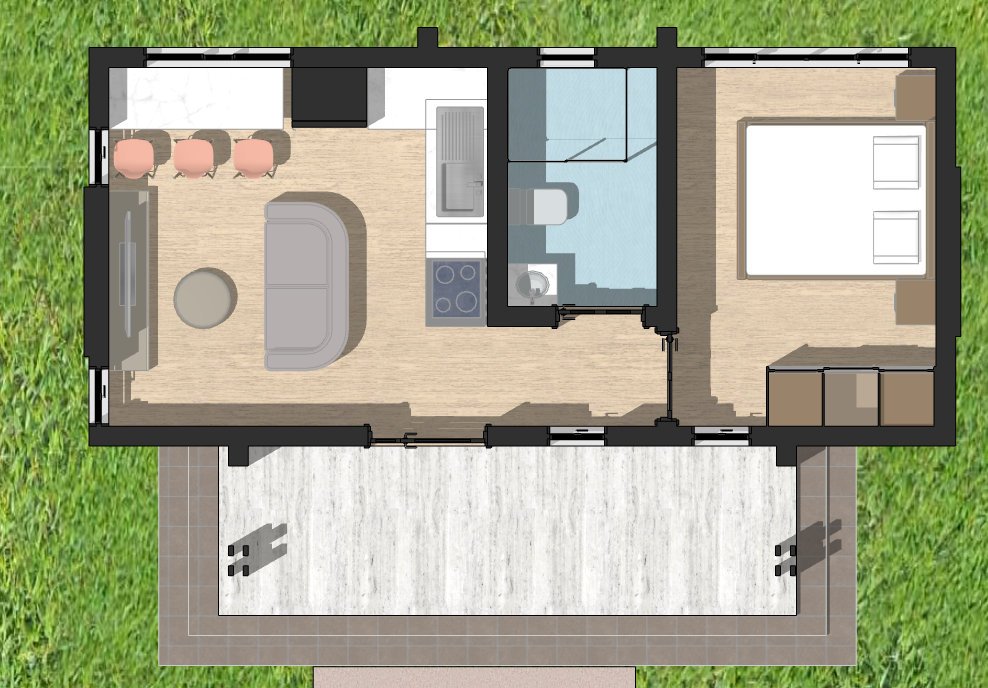 1 Bedroom Modern Gable Roof Tiny House Plan 34 sqm Compact Living with Inviting Outdoor Space 1121A