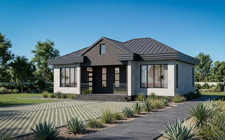 1 Bedroom Modern Hip and Gable Roof Bungalow Plan 91 Square Meters Spacious Single Storey Living with Home Office 1107A-D1