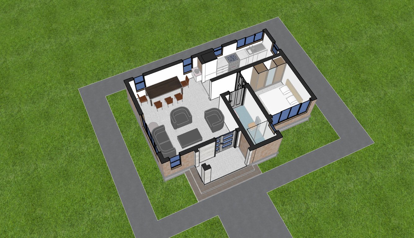 1 Bedroom Modern Hip & Gable Roof Bungalow House Plan 1101D - Image 2