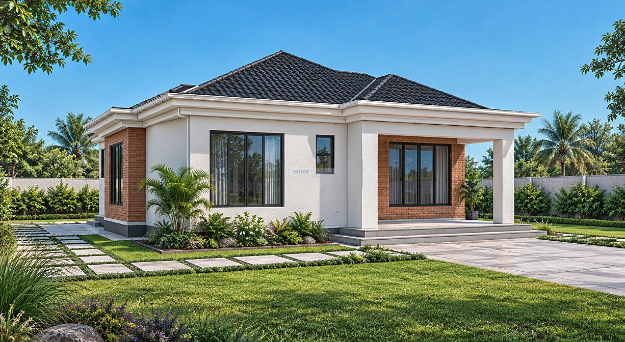2 Bedroom Single Storey House design with hip and gable roof 1202A