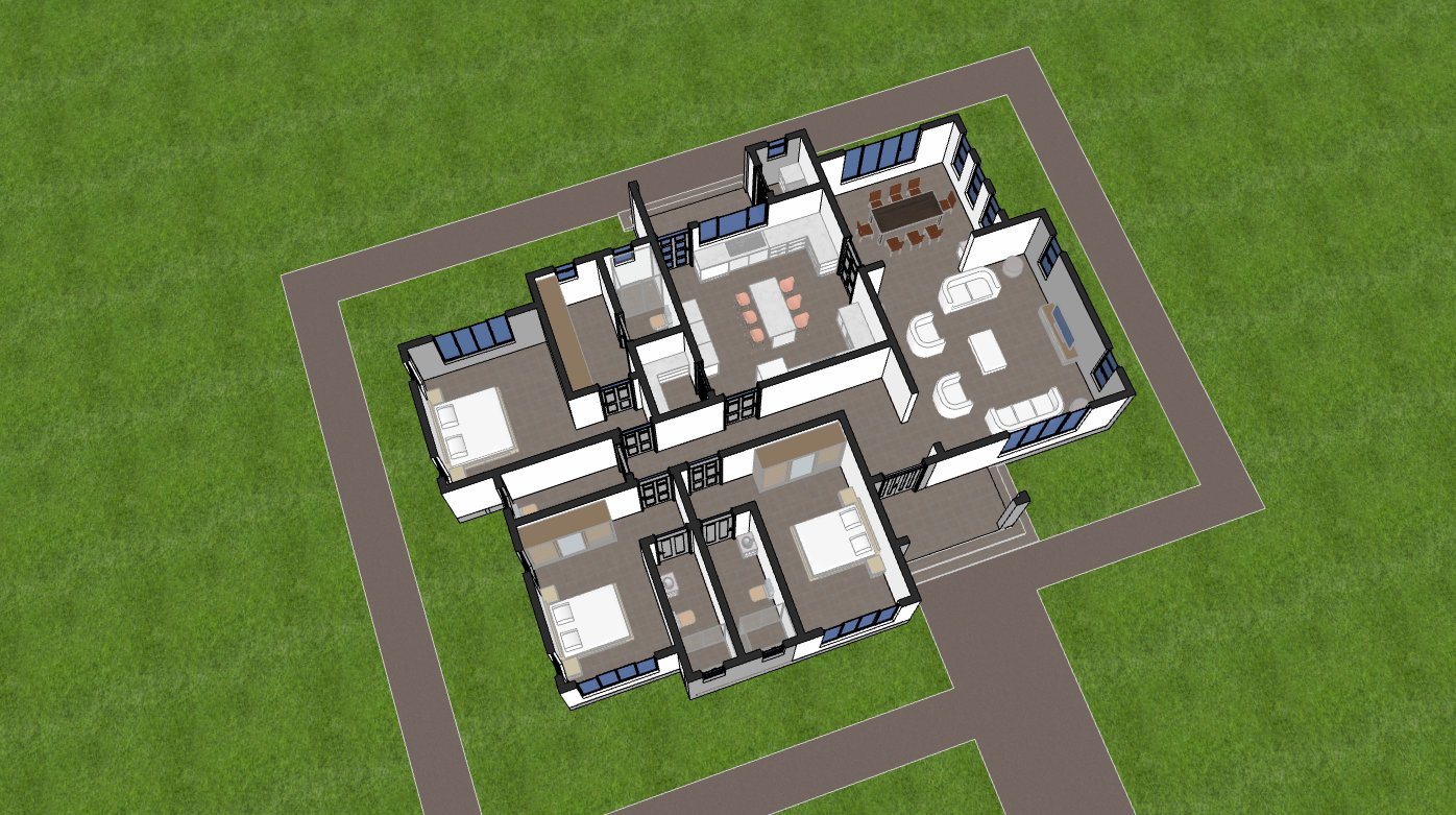 3 Bedroom Bungalow axonometric floor plan 1312A
