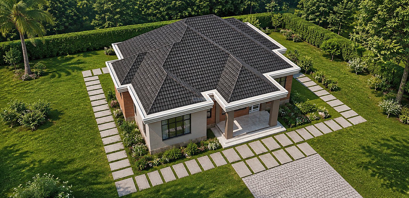 3 Bedroom contemporary house design birds eye view 1321A