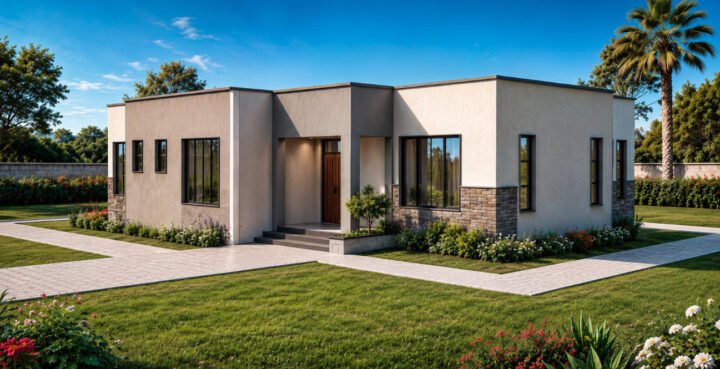 3 bedroom flat roof bungalow house design plan 1312B
