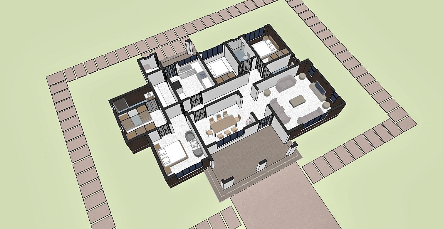 3 bedroom flat roof single storey house plan with dimensions 1315C
