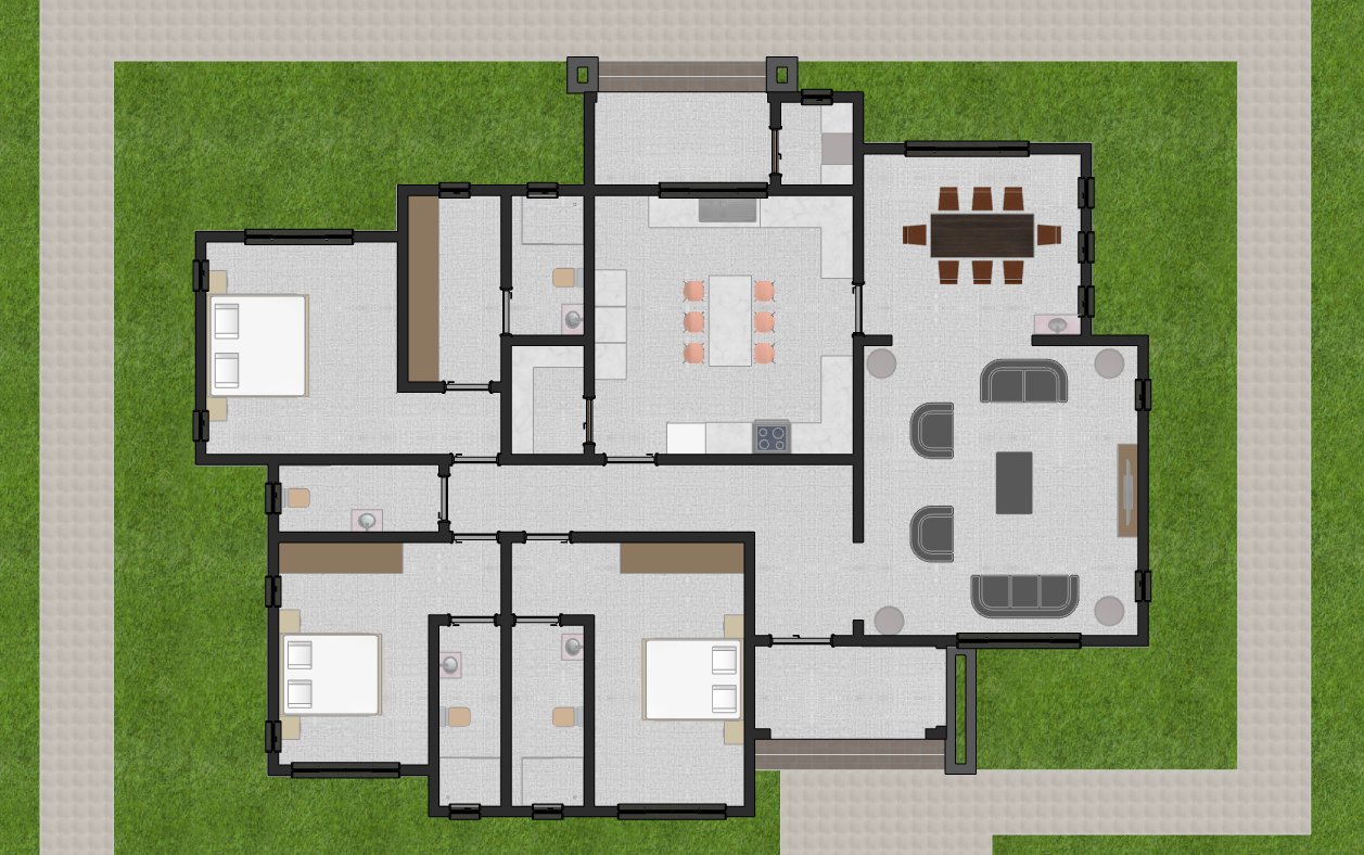 3 bedroom modern flat roof bungalow floor plan design 1312B