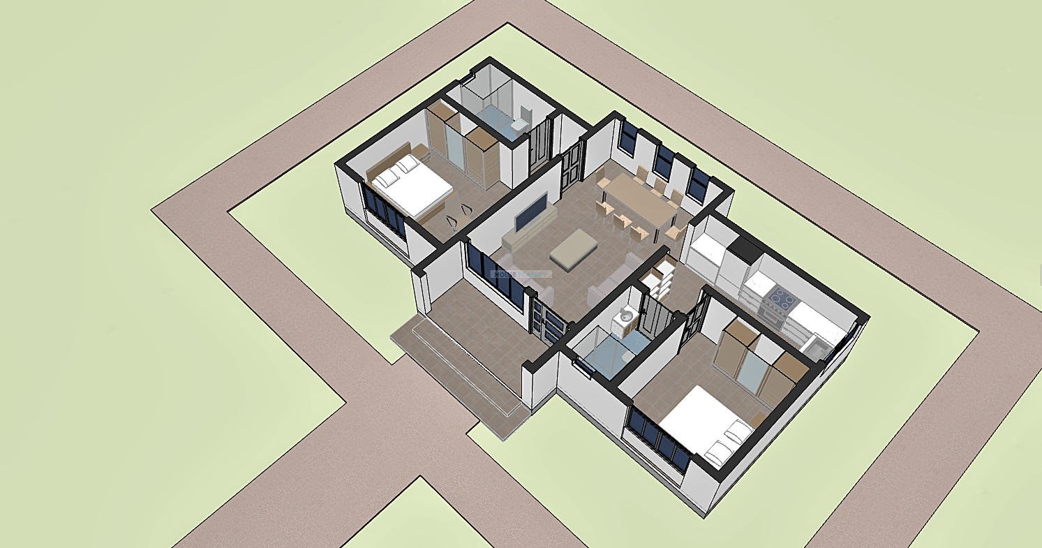 Axonometric 2 bedroom bungalow house floor plan 1203C
