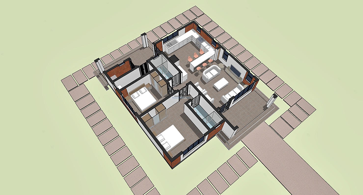 Axonometric view house plan of 2 bedroom bungalow 1202D