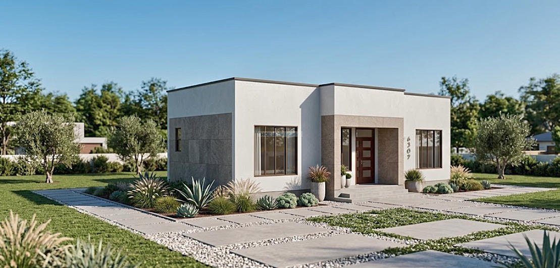 Modern 2 bedroom house plan with an open plan kitchen compact 1203B