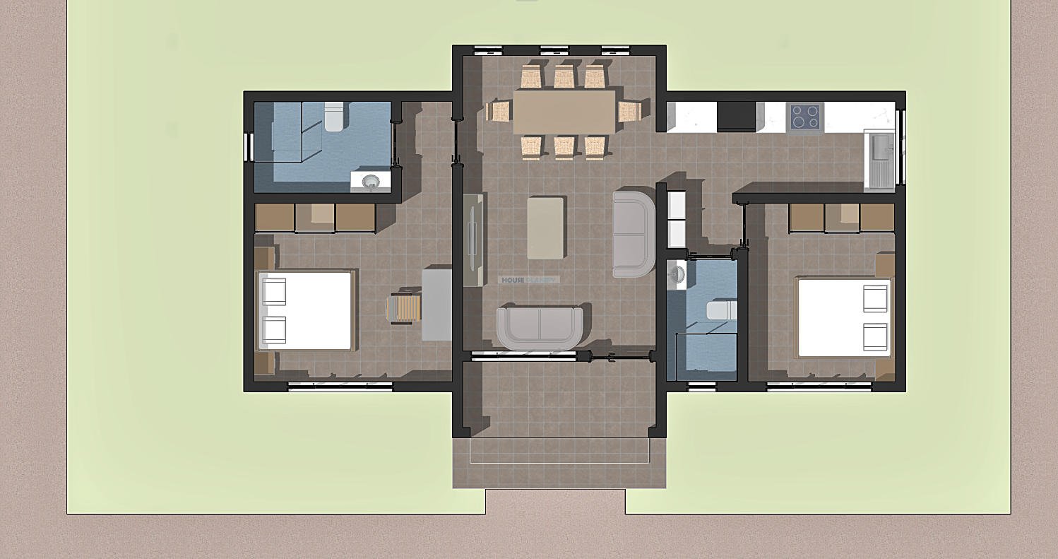 Modern 2 bedroom house plan with hidden roof and concrete gutter 1203B