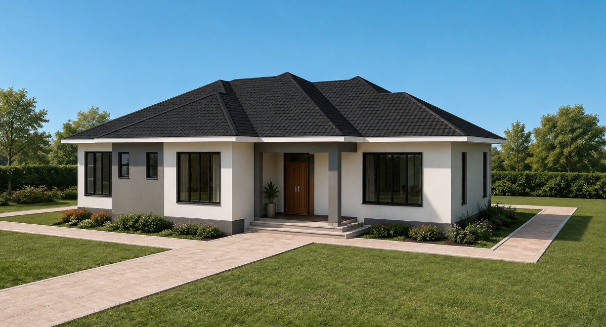 Spacious 3 Bedroom Modern Hip & Gable Roof Bungalow Plan 1312A