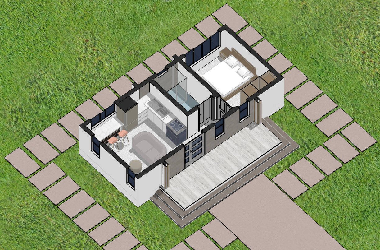 axonometric 1 storey tiny house plan 1121B